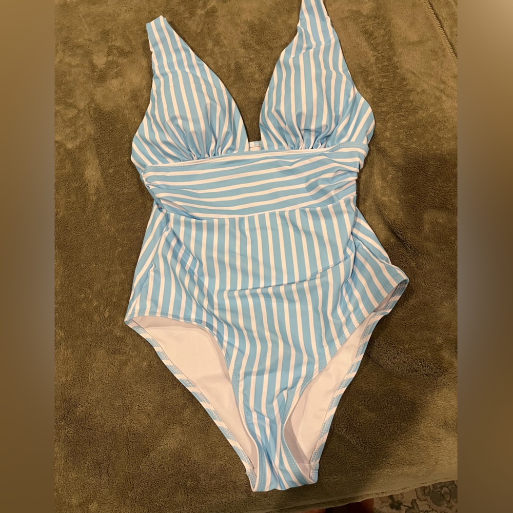 Blue and White Striped Swimsuit